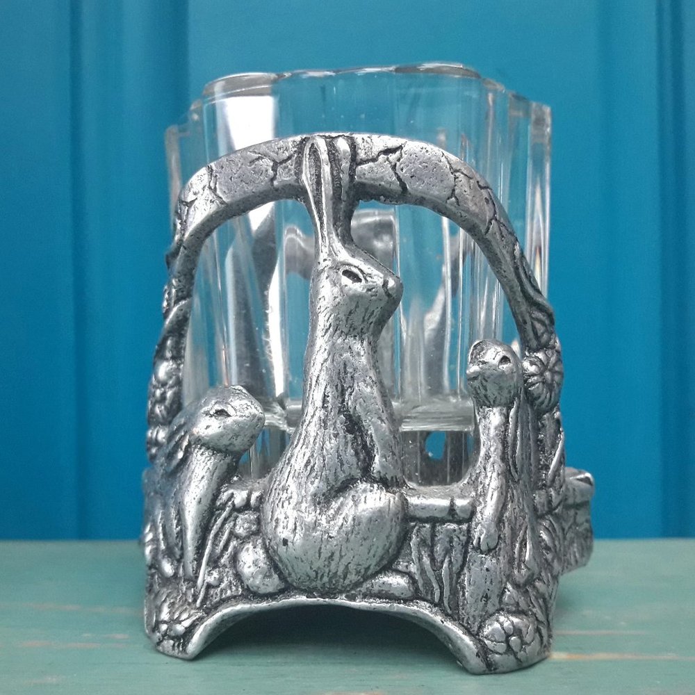 Silver Metal Bunny Rabbit Candle Holder or Trinket Dish Silver Metal Glass Gifts